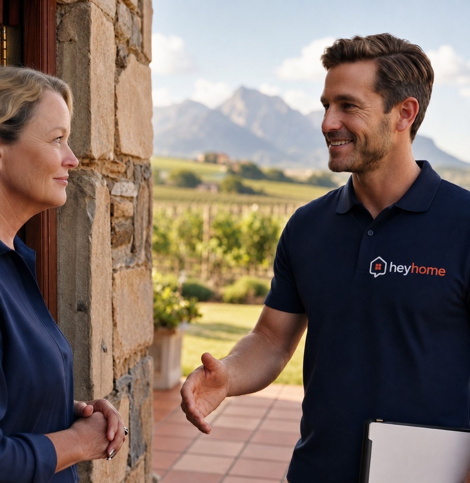 A friendly heyhome professional speaking with a homeowner